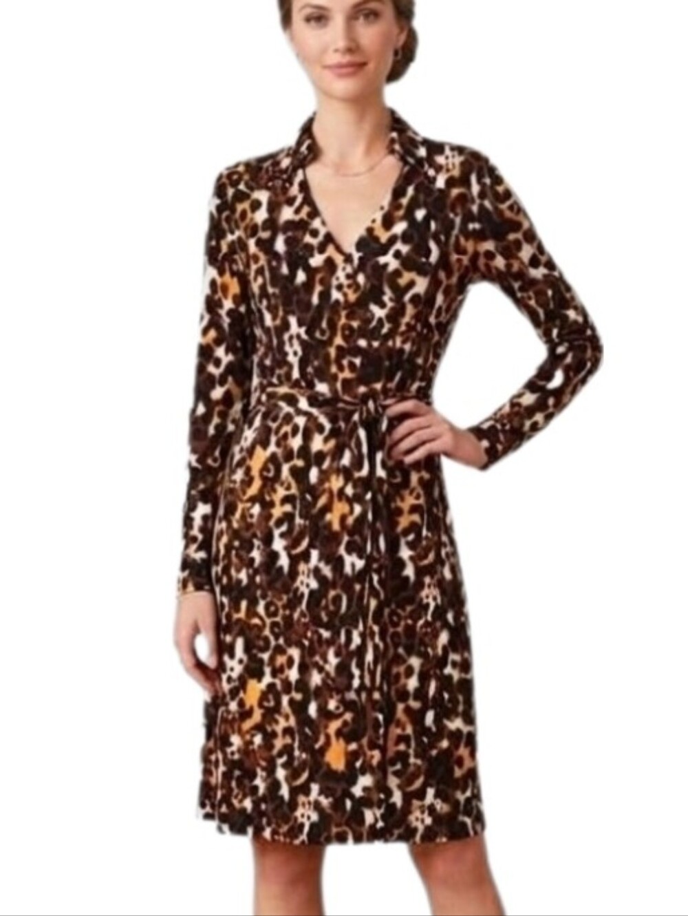 Dennis Basso Dress Leapard Print Faux Wrap Stretchy Long Sleeve V-Neck G…
